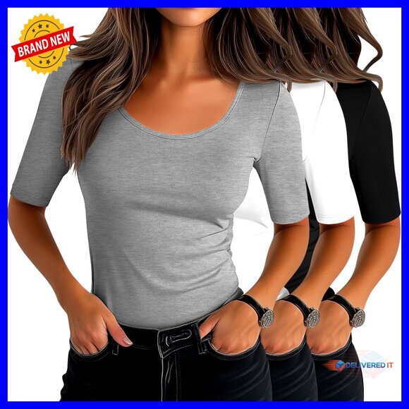 Scoop Neck Half Sleeve T-Shirts Slim Fitted Cotton Blend Stretchy Casual Tees